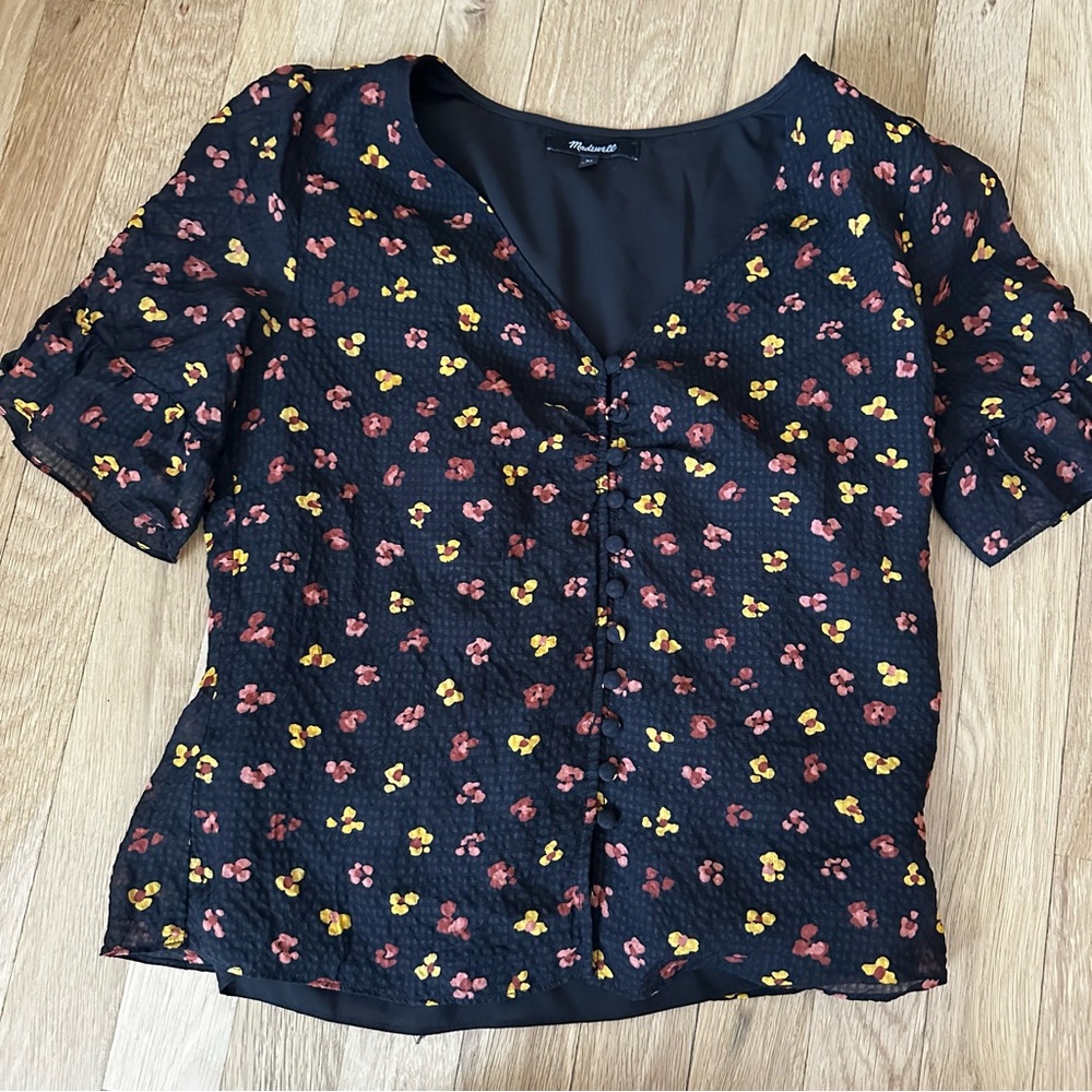 Madewell Black Silk Floral Blouse Button Front Size 00